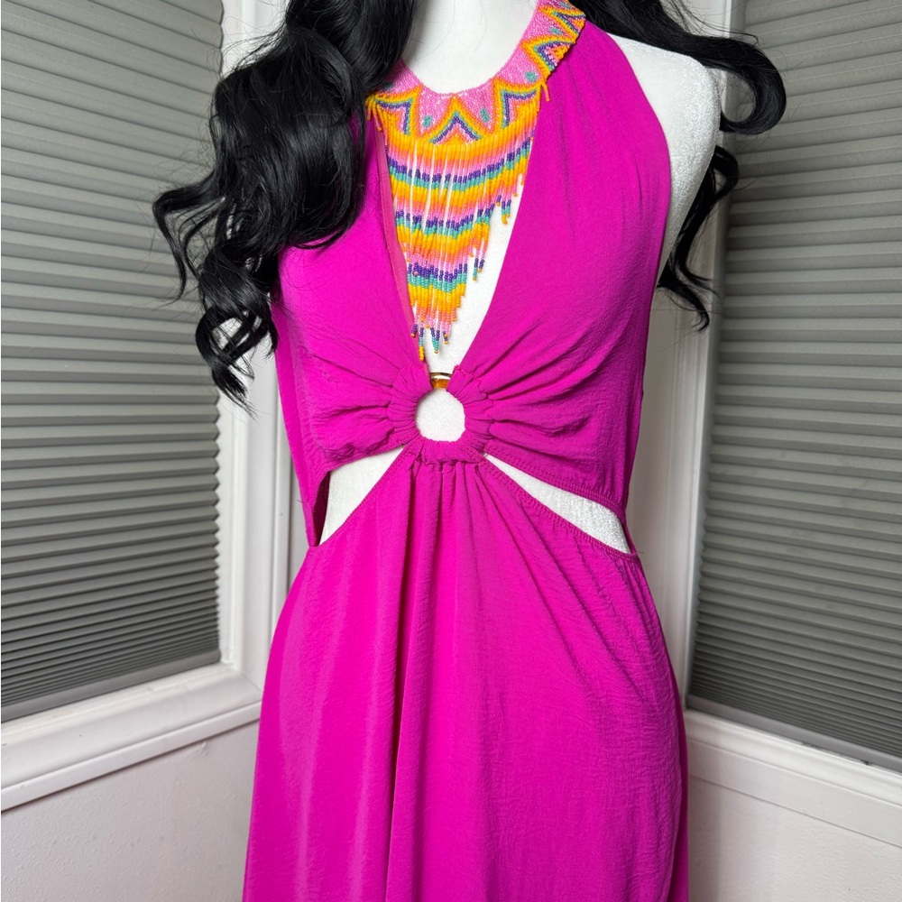 Rolla Coster L Hot Pink Halter Cutout Maxi Dress Crinkle Resort Wear